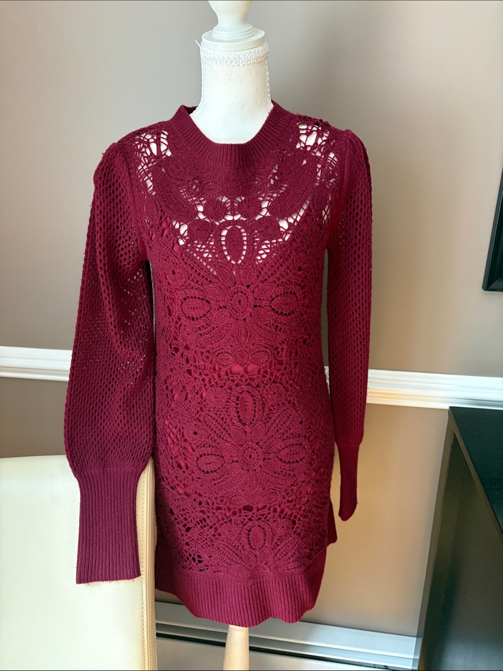 Joie Burgundy Crochet Knit Long Sleeve Dress w Matching Slip Dress